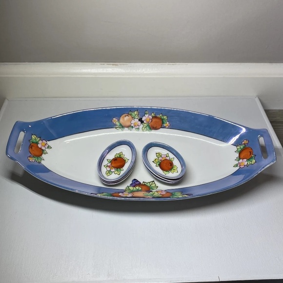 Noritake Lusterware Celery Dish & 6 Salt Dips Floral & Fruit Pattern, Japan Made - Picture 14 of 14